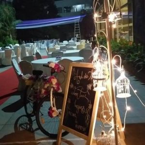 lamps, fairy lights, seating area, cycle, blackboard, wedding decorations, wedding pieces